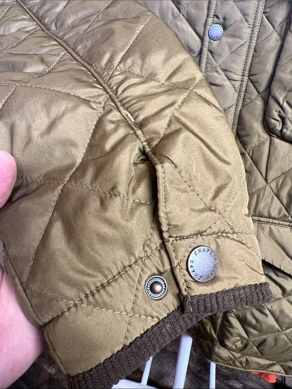 Chaps Quilted Olive Jacket with Brown Corduroy Collar
